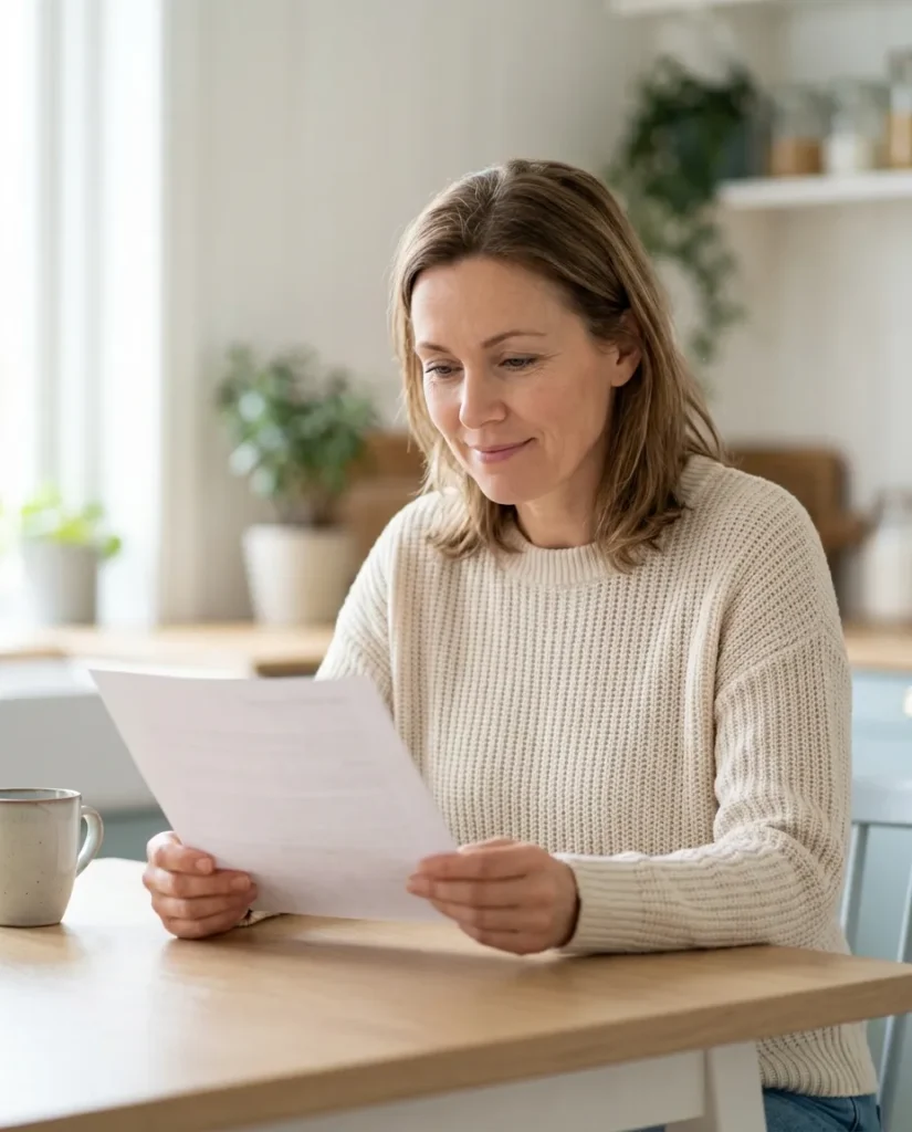 Woman at a kitchen table reading a letter